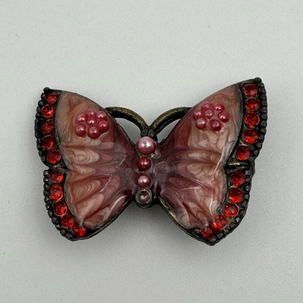Pink Red Rhinestone Beaded Bronze Colored Butterfly Pin Brooch Missing 1 Bead
