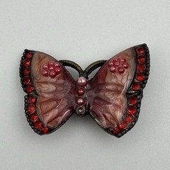 Pink Red Rhinestone Beaded Bronze Colored Butterfly Pin Brooch Missing 1 Bead