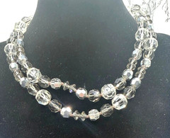Vintage Smoky Gray White Faceted Glass Necklace 30″ Rhinestone Clasp