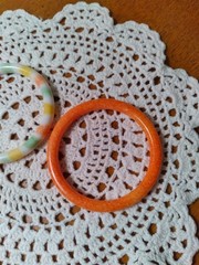 Vintage Glass Bangle Bracelets Set of Two Faux Jade Orange Green yellow