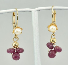 Vintage 14k Gold Earrings Japan Cultured Pearl Natural Ruby Dangles Lever Back