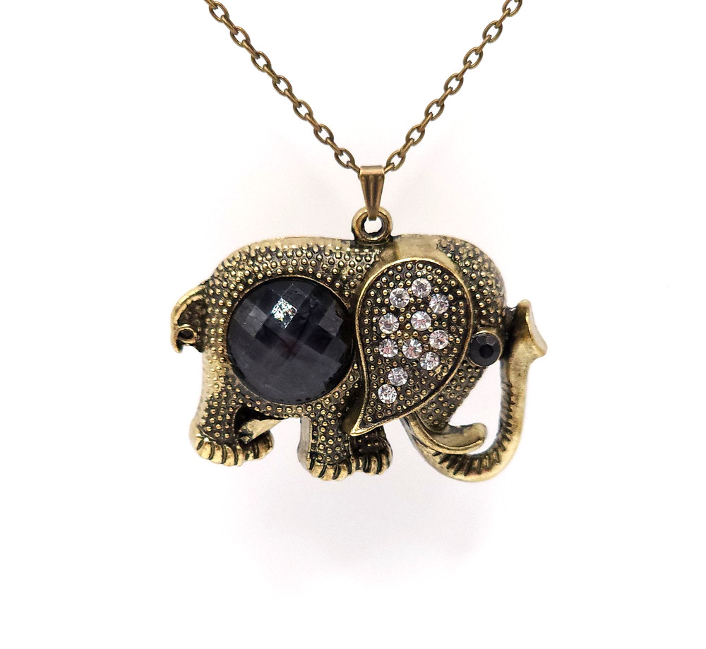 Antiqued Gold Tone Elephant Pendant Necklace Crystal Rhinestone 26in Boho
