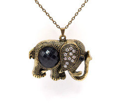 Antiqued Gold Tone Elephant Pendant Necklace Crystal Rhinestone 26in Boho