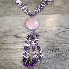 Vintage Necklace Purple Stone Seashell Rock Crystal Quartz Bead Tassel 20″ Shell