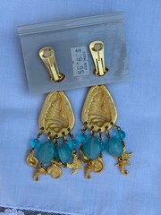 NOS 90s Gold, Blue, Green Seashell Massive Long Drop Dangle Earrings
