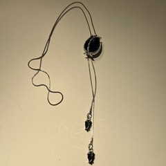 Gemstone Necklace-Metal Silvertone Tulip Dark Navy Blue Sliding Adjust Chain