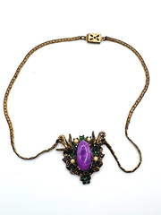 Antique Gold Tone Necklace w/Seed Pearls, Green Rhinestones, Purple Glass Center