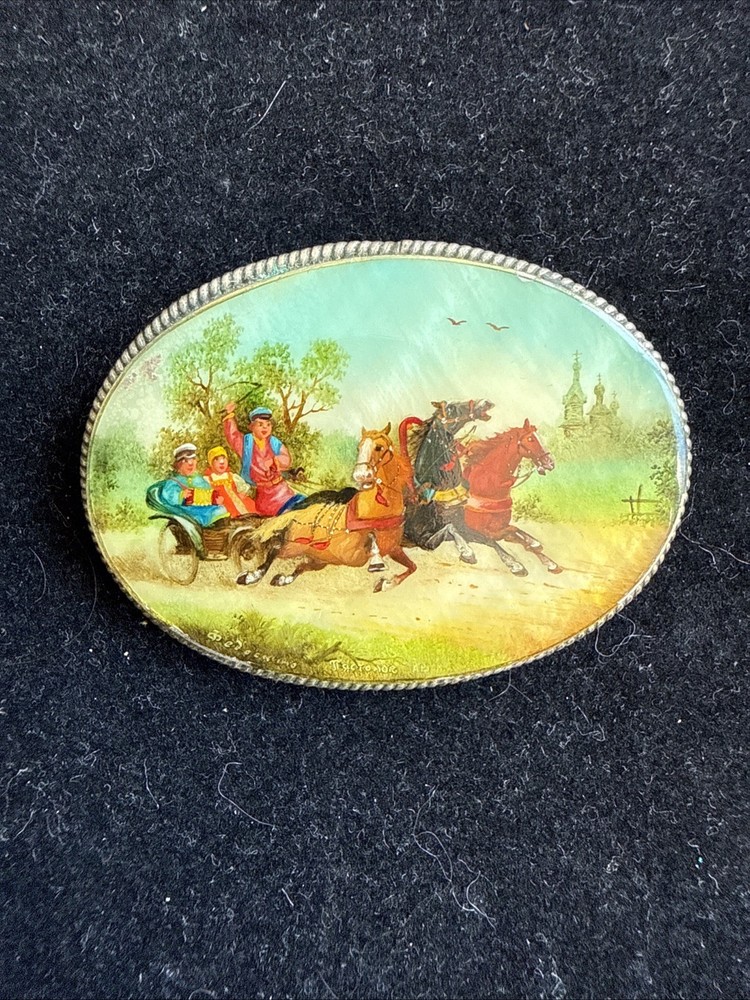 Vintage Russian Silver & Mother of Pearl Sleigh Ride Painted Brooch Pin 2”