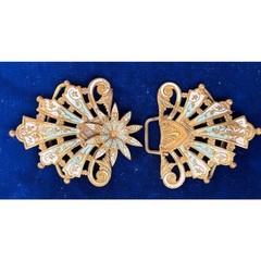 Vintage Filigree Art Noveau Belt Buckle Gold Toned Brass Enamel Detail 3.5″ x 2″