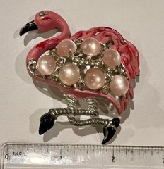 VTG Pot Metal Brooch Bird Pink Enamel Moonglow Rhinestone Silver Tone Flamingo