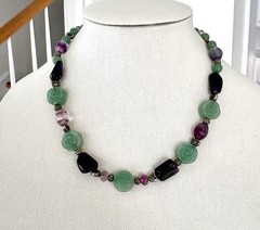 Vintage Carved Jade Rose And Amethyst Quartz Necklace Balance Wellness Luck