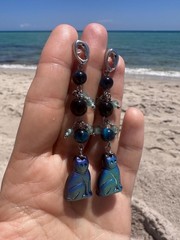 2.9″ Long Black Blue Agate Fluorite Cat Dangle Earrings
