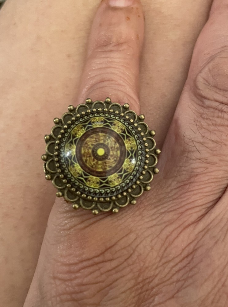 Retro Sage Green Mandala Cabochon Brass Filigree Ring – adjustable band -size 6