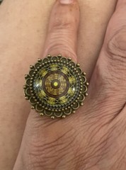Retro Sage Green Mandala Cabochon Brass Filigree Ring – adjustable band -size 7