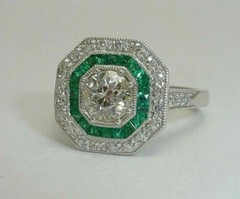 Art Deco Round Lab-Created Diamond & Emerald Halo Wedding White Gold Finish Ring