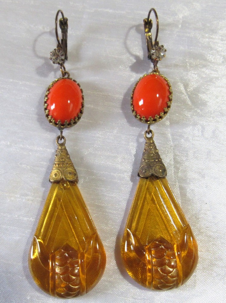 Vintage Art Deco Czech Amber Tone Pressed Glass Dangle Drop Pendant Earrings