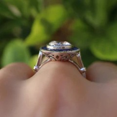 Art Deco Style Halo Lab Created Diamond Sapphire 14K White Gold FN Wedding Ring