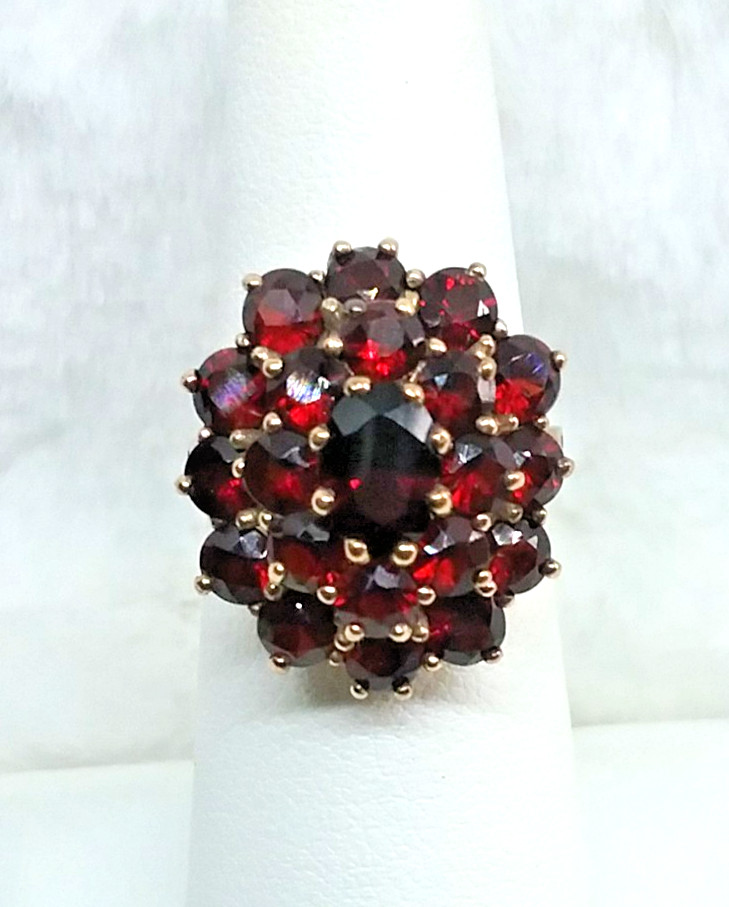 Vintage 1950’s Bohemian Red Garnet Cluster 14K Gold Ring – 6 Grams