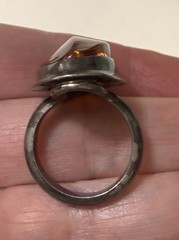Bold Vintage Modernist Sterling Silver Unique Sculptural Cognac Amber Ring Sz 7
