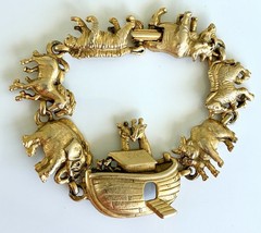 Vintage signed AJC Noah’s Ark gold tone link bracelet animals 7 inches