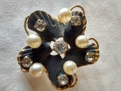 Vintage Rhinestone Faux Pearl Enamel Floral 1 1/2″ Brooch Stamped Made Austria