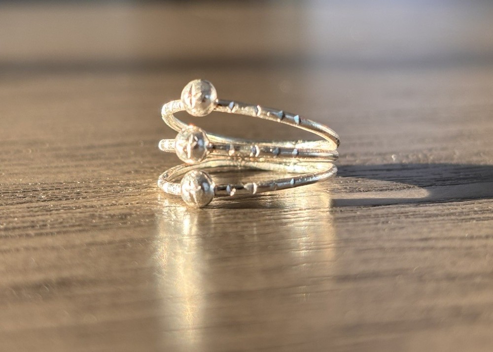 925 Sterling Silver Brutalist Triple Stacked Band with Spheres Ring 6.5, 2.46 g