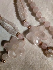 Vintage Pink Rose Quartz Hand Knotted Beaded Necklace With 2 Carved Pink Quartz