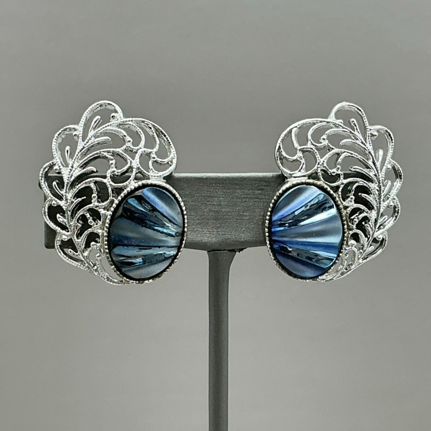 Sarah Coventry Vintage Carousel Earrings Blue Cabochon Silver Tone Filigree Clip