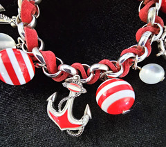 Vtg Nautical Charm Bracelet Red White Glass Beads Enamel Suede Anchor 8″ Beach