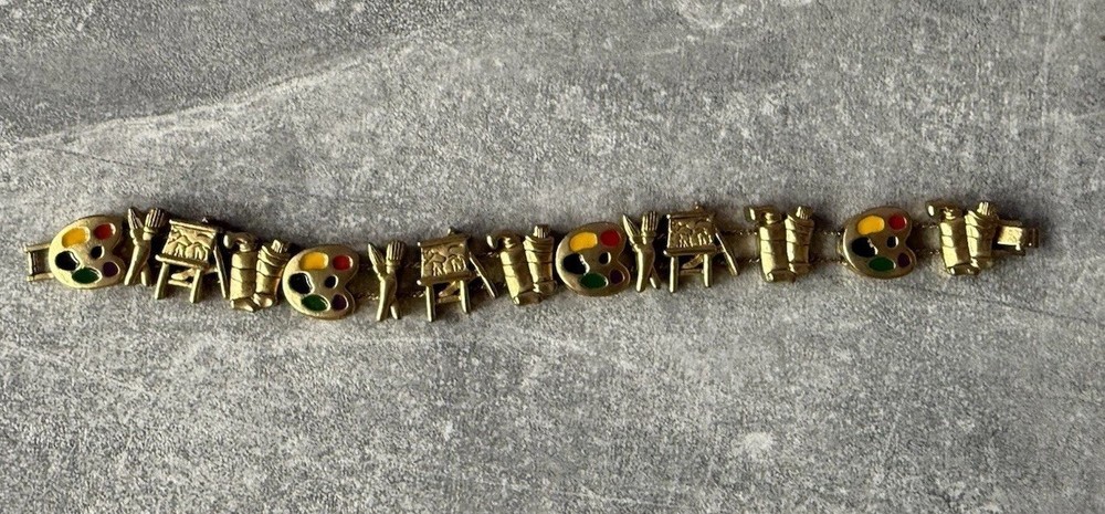 Slide Charm Bracelet Gold Tone Artist Painter Theme Paint Palette Easel Brushes