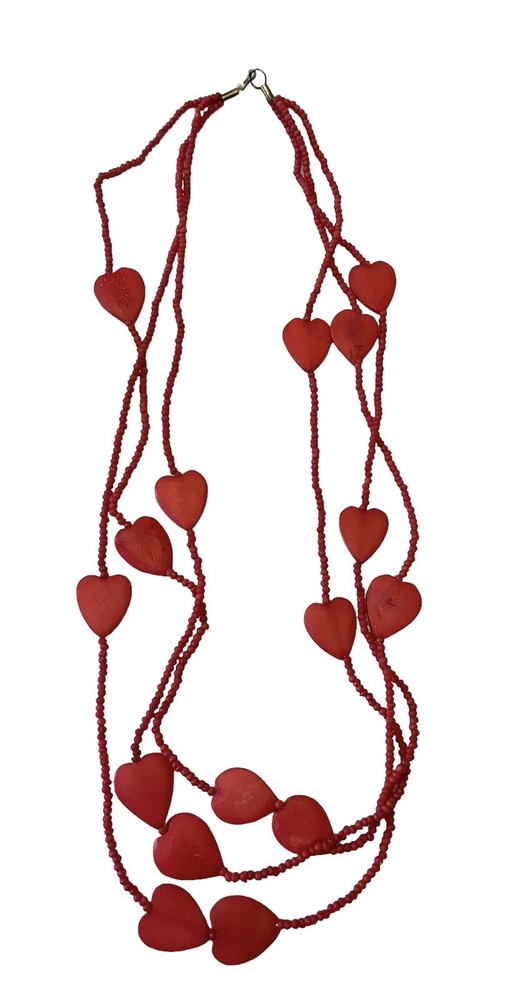 Vintage Hearts Red Beads Choker 33” Triple Strand Necklace