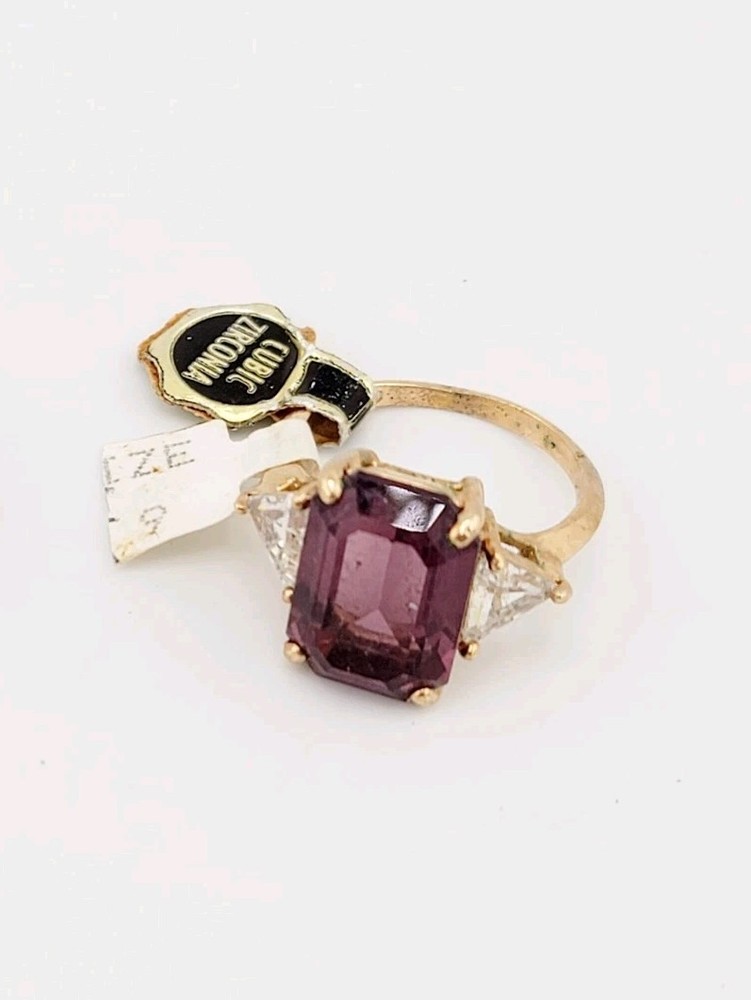 Vtg Sz 9 Ring Purple Clear Cubic Zirconia 18KGE Gold Electroplate Jewelry USA