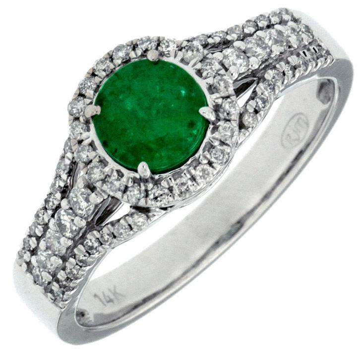 ESTATE 0.93CT DIAMOND & AAA EMERALD 14KT WHITE GOLD CLASSIC HALO ENGAGEMENT RING