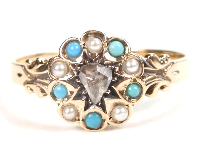 Victorian Art Deco Diamond Engagement Pearl Turquoise 14KY Ring Size 11.75 UK-X
