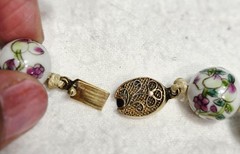 Vintage Chinese Porcelain Floral Bead Necklace Hand Painted Knotted Gold Tone