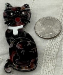 Artsy See Thru Designs Blk Eye Glasses White Collar Cat Brooch/Pin