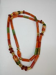 28″ Vintage Plastic Bead Stone Necklace Gold Tone Accent Beads Layer Orange Gree