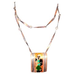 Vintage Copper Enamel Pendant Necklace Atomic Modern Renoir Style 1950s