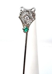 Antique 14K WG Edwardian Art Deco Diamond Emerald Stickpin Pin GAL Appraisal