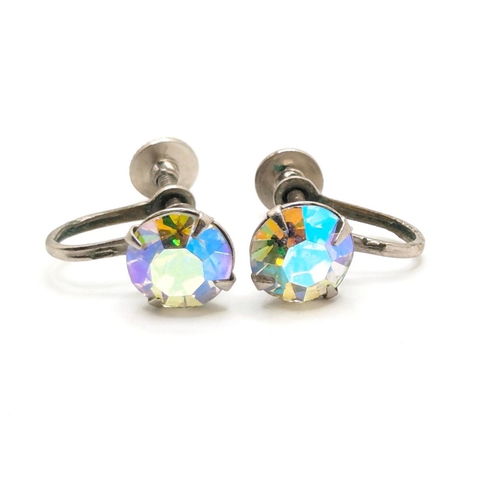 Vintage Aurora Borealis Screw Back Earrings Rhinestone Simple AB Stone Silver