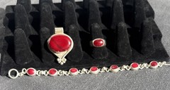 Vintage Red Jasper 3 Piece Jewelry Lot-925 Silver:7” Bracelet, 8.5 Ring, Pendant