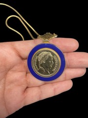 Vintage Napoleon Coin Pendant Necklace Blue Enamel Gold Tone Snake Chain 17.75”