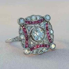 Art Deco Vintage Round Lab Created Diamond & Ruby 14K White Gold FN Wedding Ring