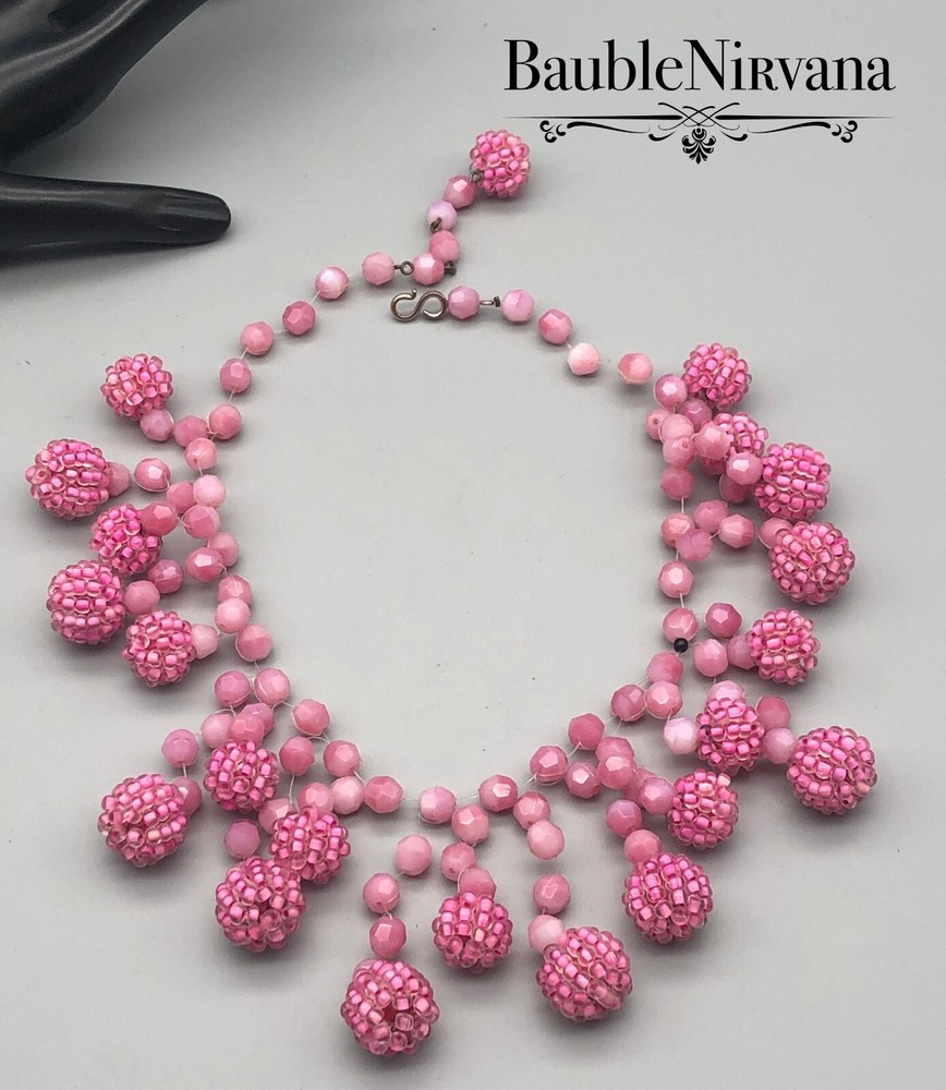 Vintage Langani Pink Raspberry & Faceted Glass Beads Bib Collar Necklace