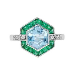 4Ct Art Deco Vintage Aquamarine & Emerald Hexagon 14K White Gold FN Wedding Ring