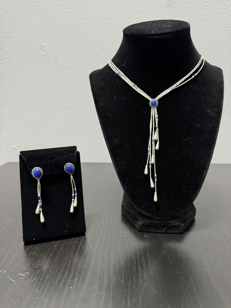 Vintage Liquid Silver Lapis Tassel Necklace Earrings set Stamped 925 Sterling