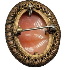 Vintage Carved Cameo Brooch Intricate Woven Frame Mixed Metal Gold Plated Leaves