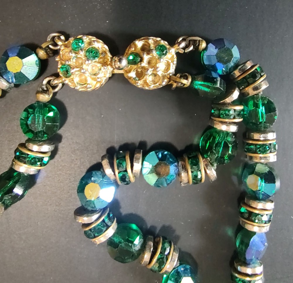 Vintage Les Bernard 2 Strand Iridescent Blue-Green Glass Bead Necklace 24 inch