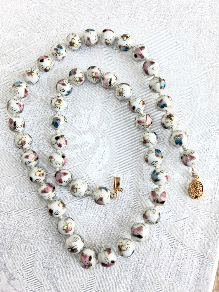 Vtg Cloisonne enamel Knotted butterfly design Gold Beads Wedding Necklace 24 in