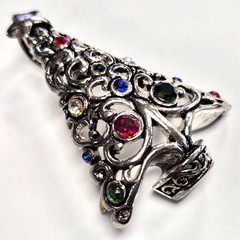 Estate Silver Tone & Rhinestone Christmas Tree Open Scroll Pendant Pin / Brooch